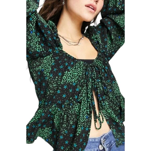 TopShop Mix Print Tie Front Shirt Green Size 4 NWOT $40 MSRP - Picture 1 of 7